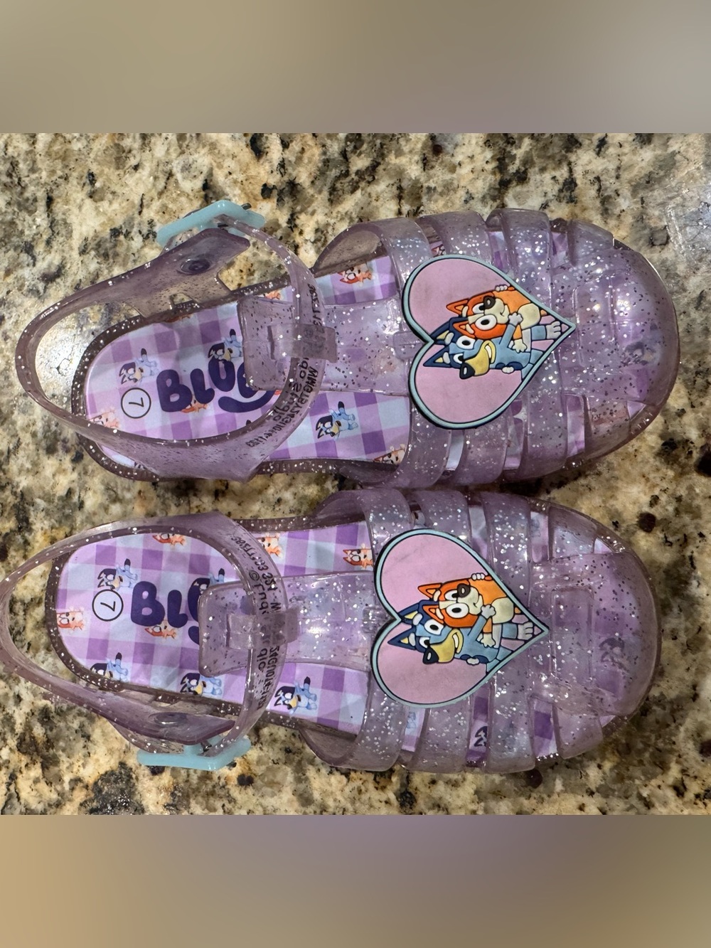 Kids Glitter Jelly Sandals - Purple with Heart Character